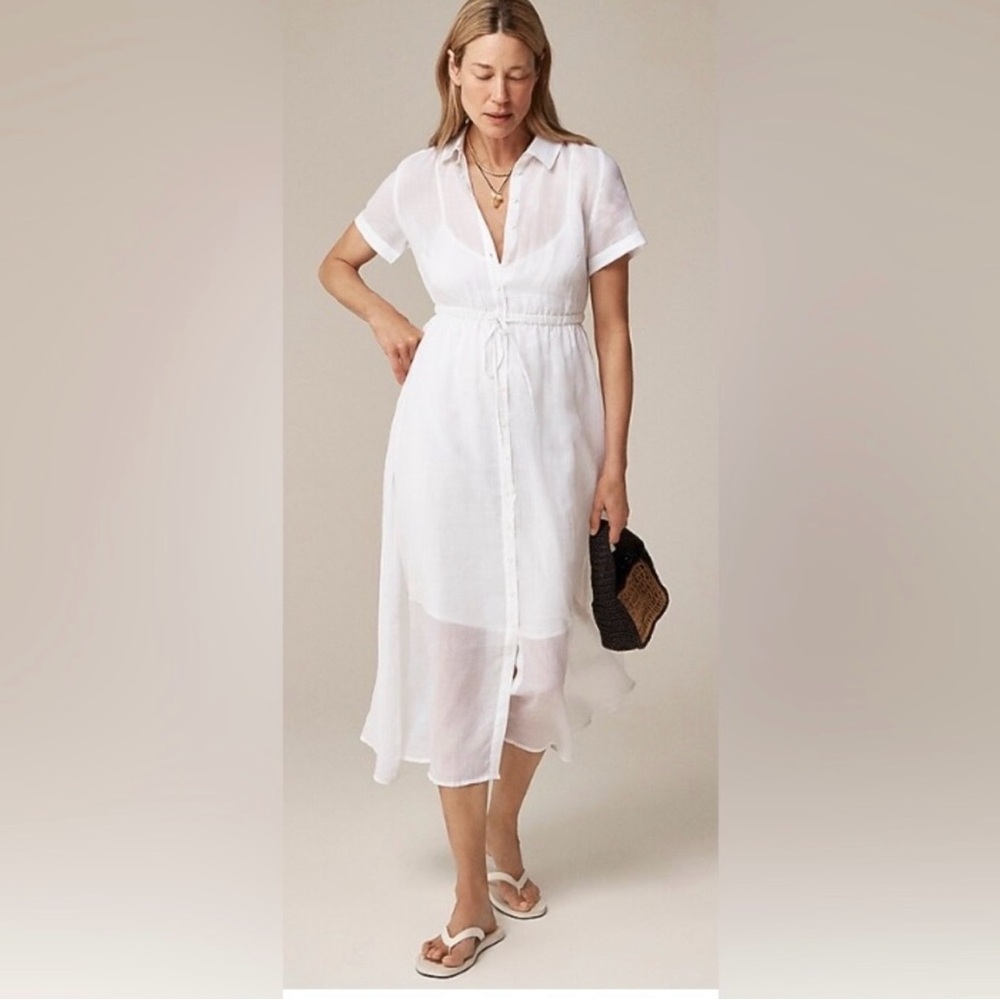 NWT J. Crew Cerise Shirt-dress Ramie Midi Short Sleeve White